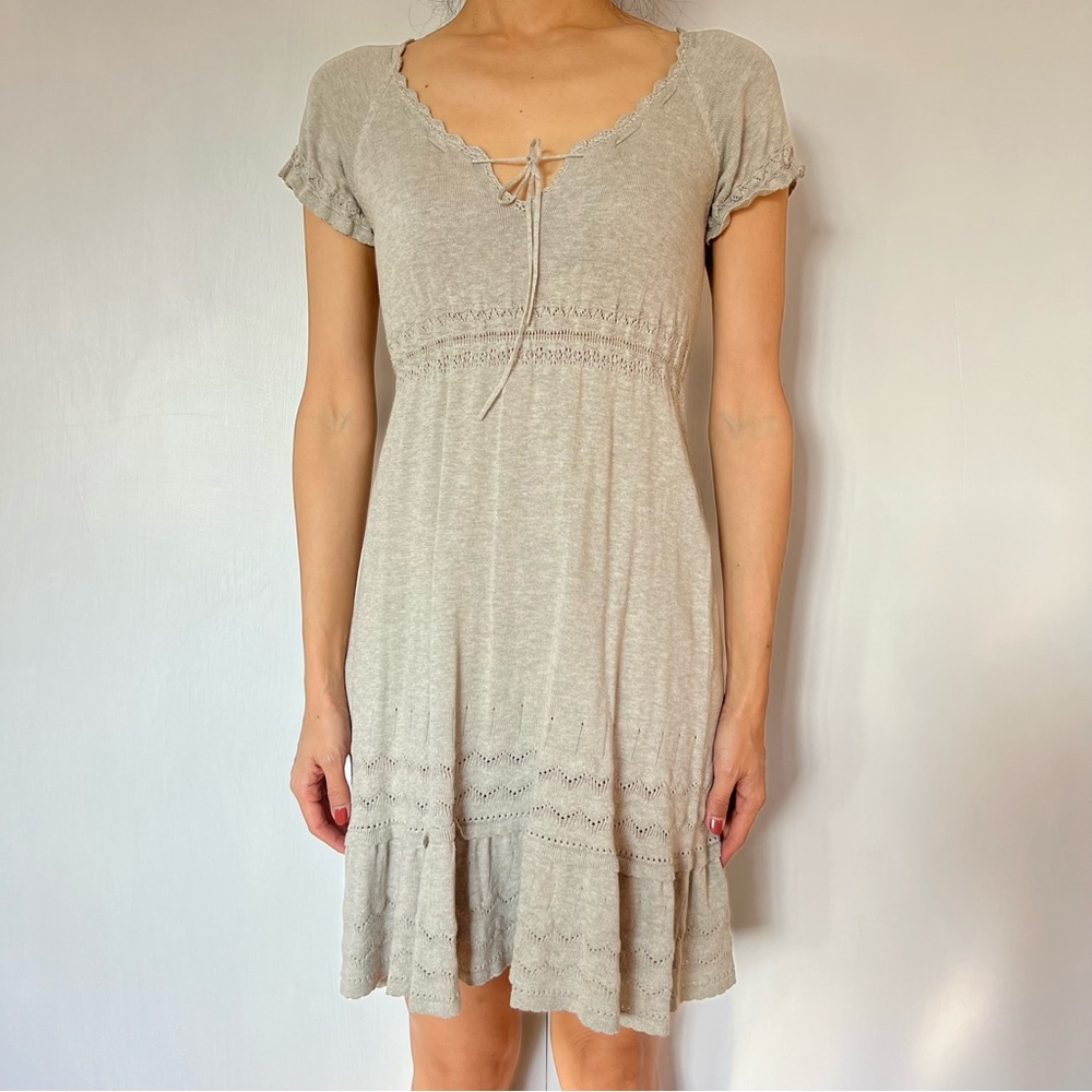 Max Studio beige knit dress cotton rayon blend feminine crochet edge - small